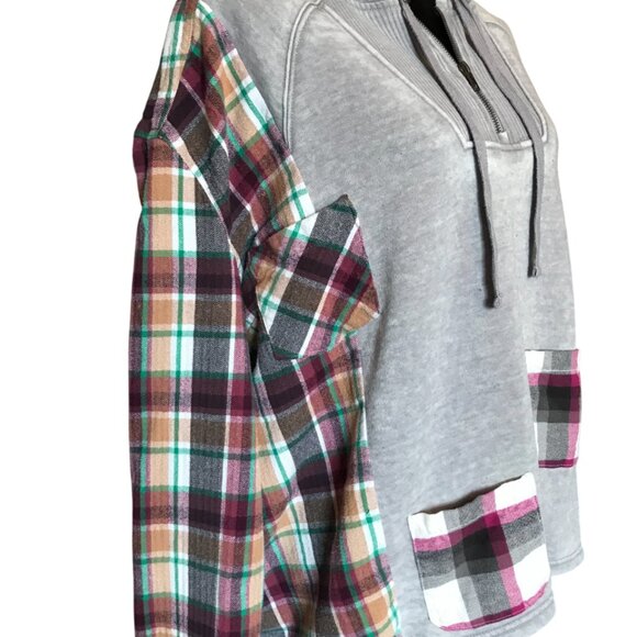 Patchwork Hoodie, Plus Size XL-2X: Upcycled Gray Magenta Plaid Boho Jacket - Picture 10 of 15